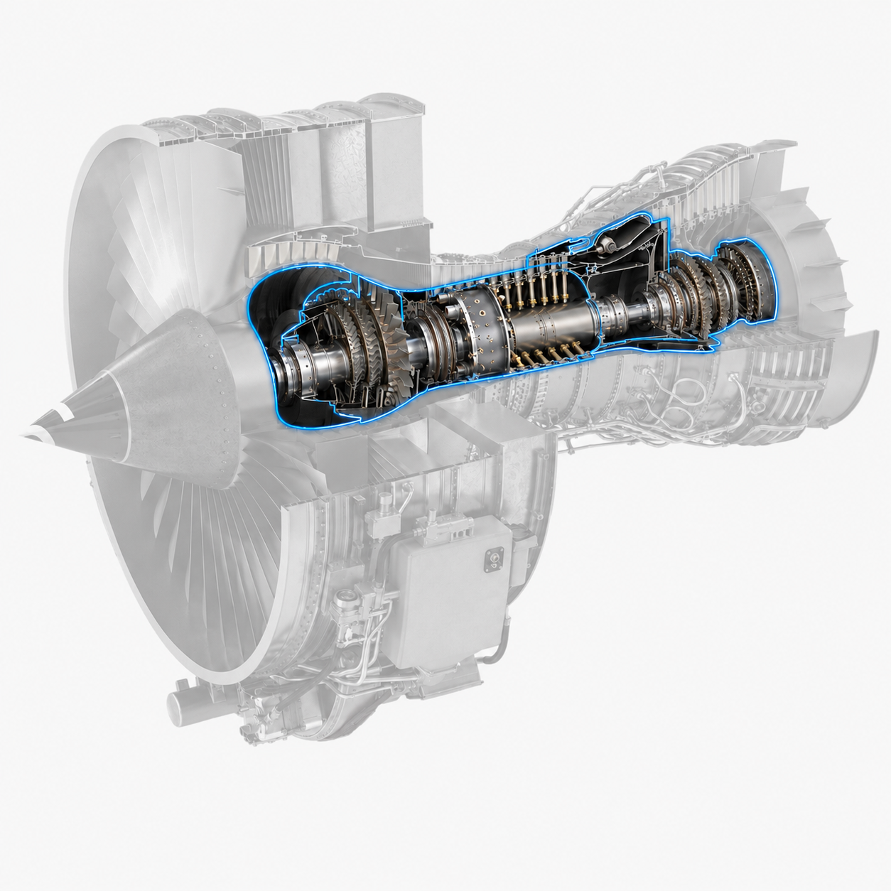 Combustion and Rotating Group highlighted on a CFM56-7B cutaway